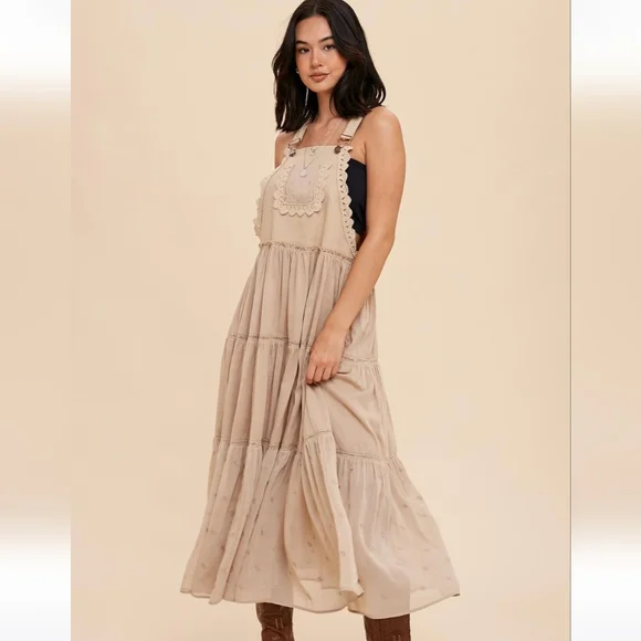 Hart And Fox Boutique Dresses | New Khaki Embroidered Skirtall Overall Jumper Midi Dress | Color: Cream/Tan | Size: S | Edk5688's Closet
